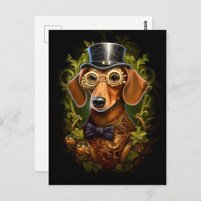 Steampunk Dachshund Dog In Hat Custom Name 149 Postcard (Front/Back)