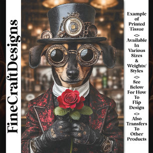 Steampunk Dachshund Dog + Red Rose AH1Z Decoupage Tissue Paper