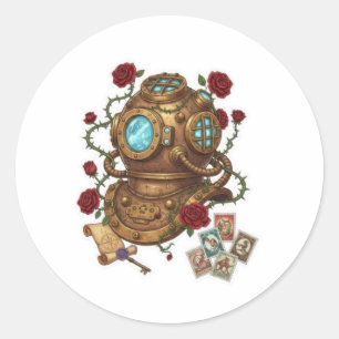 Steampunk Deep Sea Diver Helmet Fantasy Illustrati Classic Round Sticker