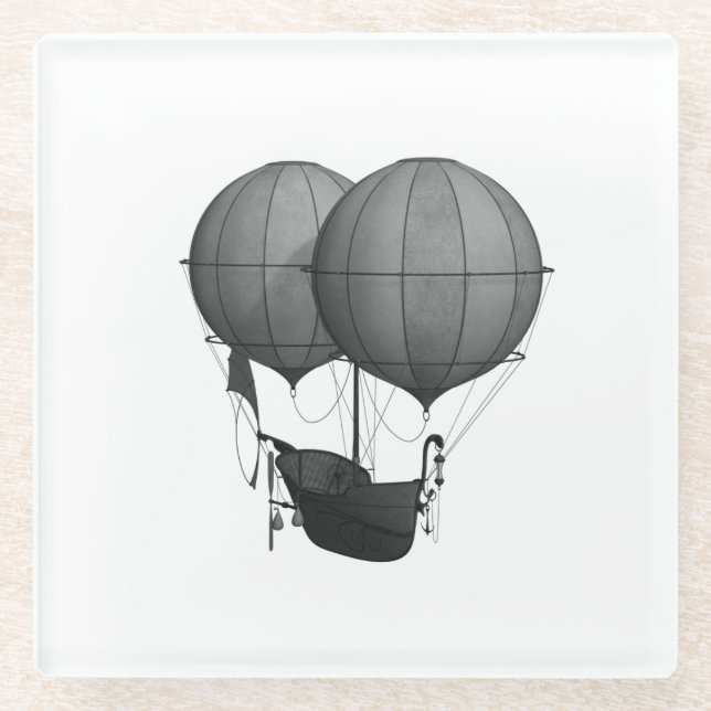 Steampunk Design Black and White Flying Machine Glass Coaster (Front)