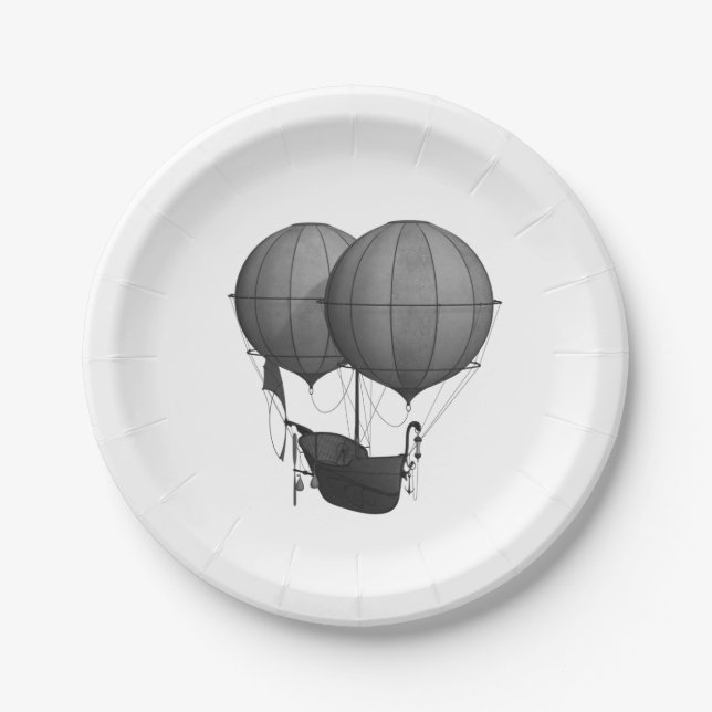 Steampunk Design Black and White Flying Machine Paper Plate (Front)
