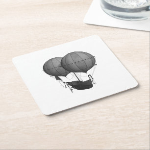 Steampunk Design Black and White Flying Machine Square Paper Coaster