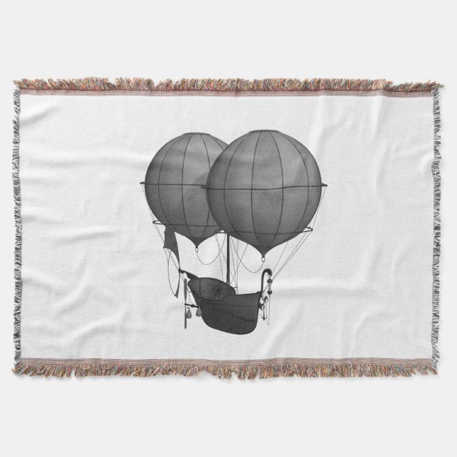 Steampunk Design Black and White Flying Machine Throw Blanket (Front)