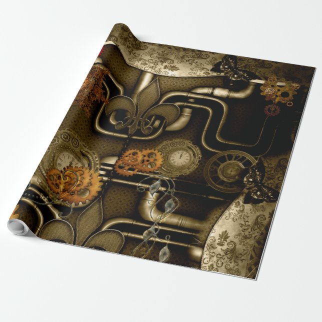 Steampunk design with clocks and gears wrapping paper (Unrolled)