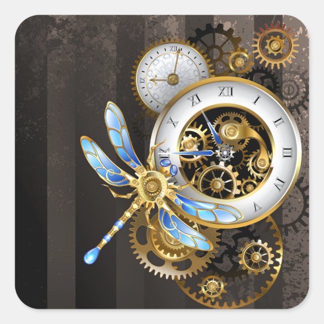 Steampunk Dials with Dragonfly Square Sticker (Front)
