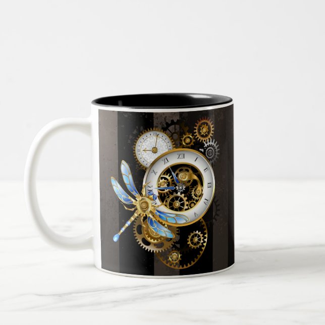 Steampunk Dials with Dragonfly Two-Tone Coffee Mug (Left)