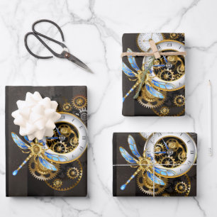 Steampunk Dials with Dragonfly Wrapping Paper Sheet