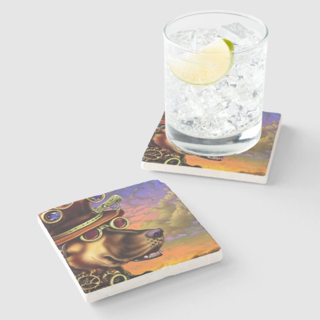 Steampunk Digital Art Dog Portrait   Stone Coaster (Side)