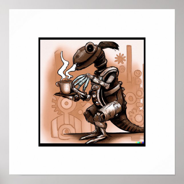 Steampunk Dino Drinking Coffee Art Poster (Front)