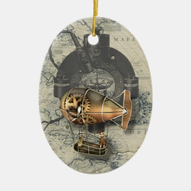 Steampunk Dirigible Balloon Ride Ceramic Tree Decoration (Front)