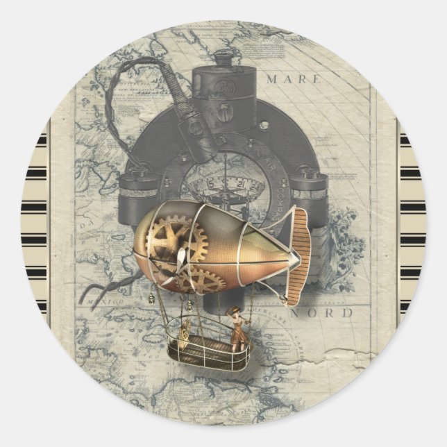 Steampunk Dirigible Balloon Ride Classic Round Sticker (Front)