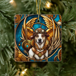 Steampunk Dog with Wings Ceramic Ornament