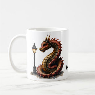 Steampunk Dragon next to a vintage street lamp. Coffee Mug