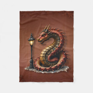 Steampunk Dragon next to a vintage street lamp. Fleece Blanket