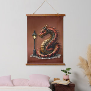 Steampunk Dragon next to a vintage street lamp. Hanging Tapestry