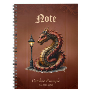 Steampunk Dragon next to a vintage street lamp.  Notebook