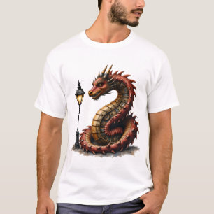 Steampunk Dragon next to a vintage street lamp. T-Shirt