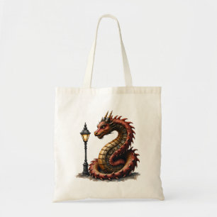 Steampunk Dragon next to a vintage street lamp. Tote Bag