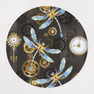 Steampunk Dragonflies on brown striped background