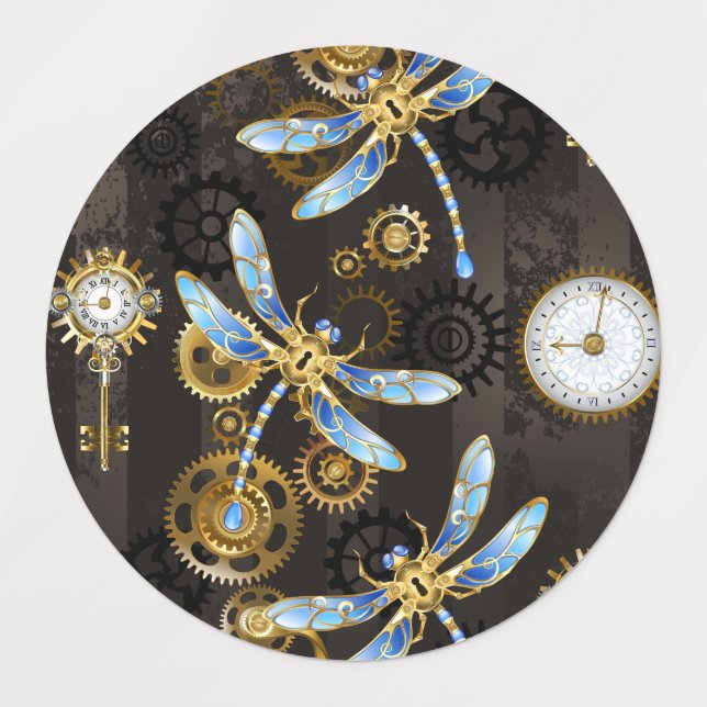 Steampunk Dragonflies on brown striped background (Design 1)