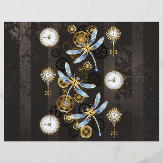 Steampunk Dragonflies on brown striped background (Front)
