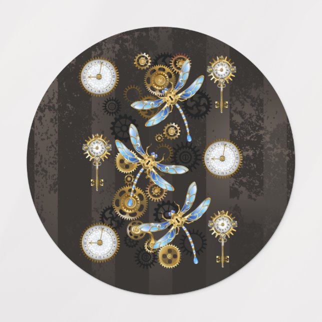 Steampunk Dragonflies on brown striped background (Design 1)