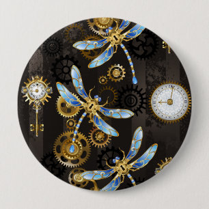 Steampunk Dragonflies on brown striped background 10 Cm Round Badge