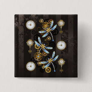 Steampunk Dragonflies on brown striped background 15 Cm Square Badge