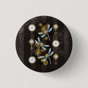 Steampunk Dragonflies on brown striped background 3 Cm Round Badge