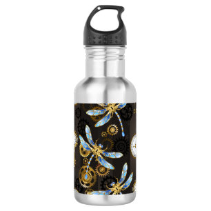 Steampunk Dragonflies on brown striped background 532 Ml Water Bottle
