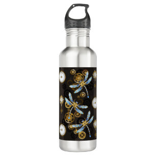 Steampunk Dragonflies on brown striped background 710 Ml Water Bottle