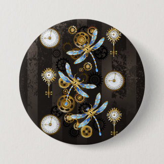 Steampunk Dragonflies on brown striped background 7.5 Cm Round Badge
