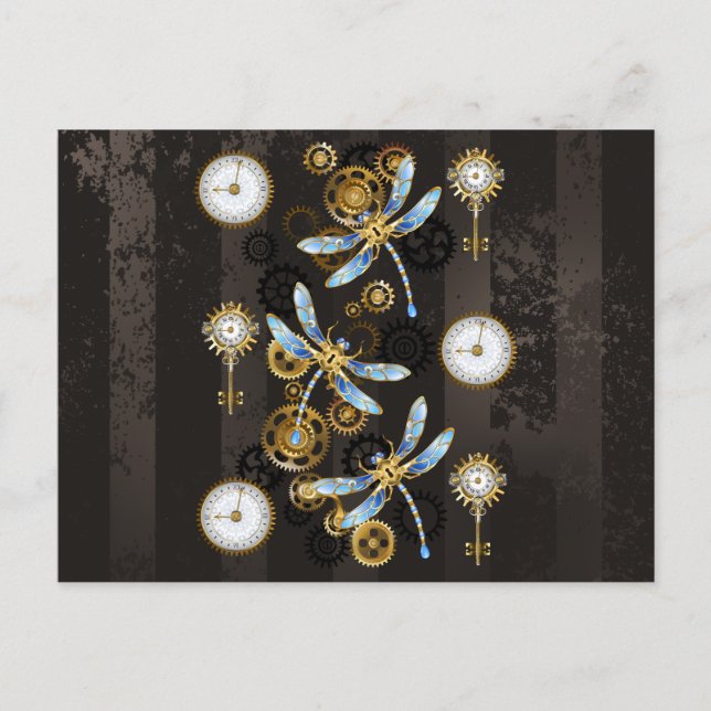 Steampunk Dragonflies on brown striped background Advice Card (Front)