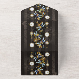 Steampunk Dragonflies on brown striped background All In One Invitation