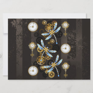 Steampunk Dragonflies on brown striped background Announcement