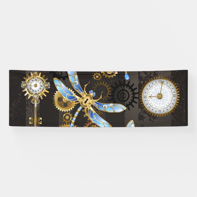 Steampunk Dragonflies on brown striped background Banner (Horizontal)