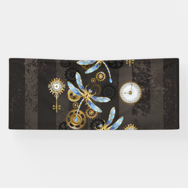 Steampunk Dragonflies on brown striped background Banner (Horizontal)