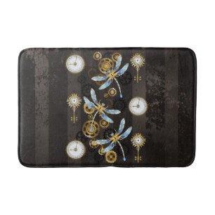 Steampunk Dragonflies on brown striped background Bath Mat