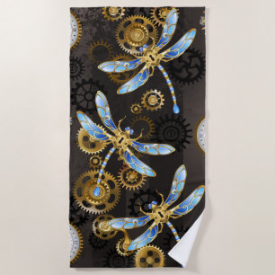 Steampunk Dragonflies on brown striped background Beach Towel