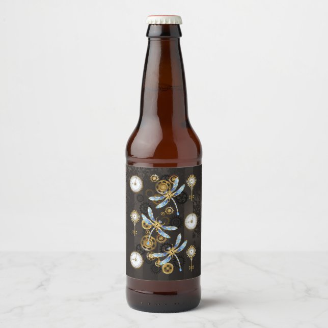 Steampunk Dragonflies on brown striped background Beer Bottle Label (Front)