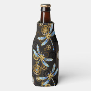 Steampunk Dragonflies on brown striped background Bottle Cooler
