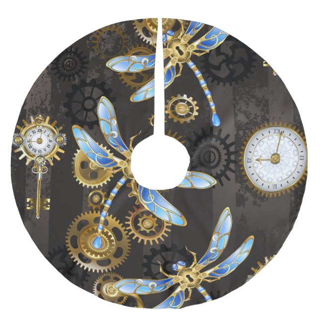 Steampunk Dragonflies on brown striped background Brushed Polyester Tree Skirt (Front)