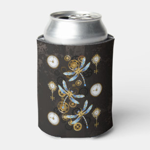 Steampunk Dragonflies on brown striped background Can Cooler