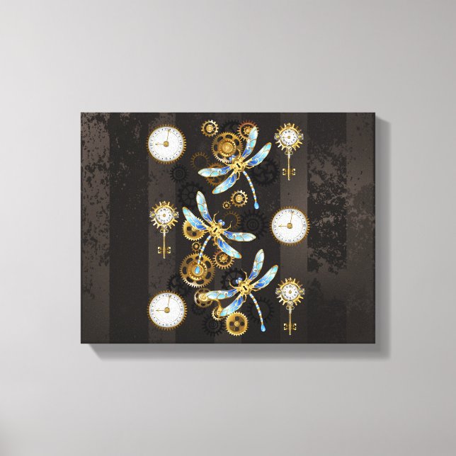 Steampunk Dragonflies on brown striped background Canvas Print (Front)