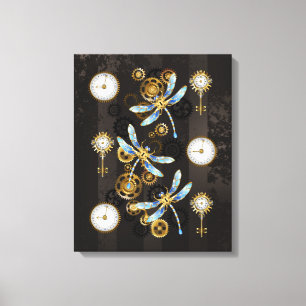 Steampunk Dragonflies on brown striped background Canvas Print