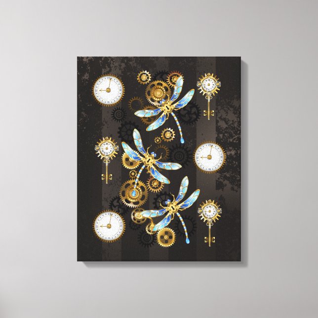 Steampunk Dragonflies on brown striped background Canvas Print (Front)