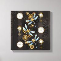 Steampunk Dragonflies on brown striped background