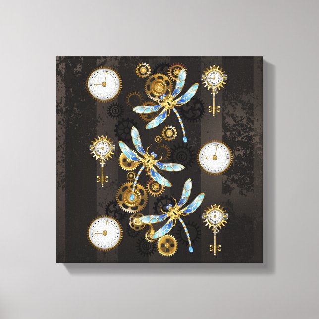 Steampunk Dragonflies on brown striped background Canvas Print (Front)