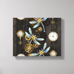 Steampunk Dragonflies on brown striped background Canvas Print