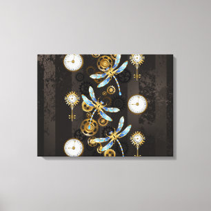 Steampunk Dragonflies on brown striped background Canvas Print